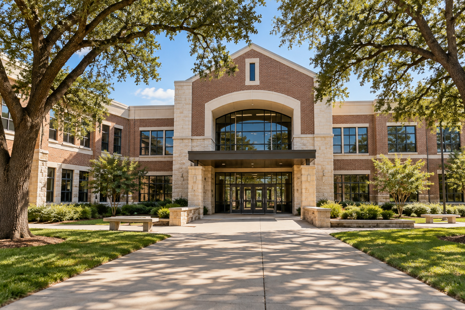 Illustrative Texas high school with brick and limestone architecture