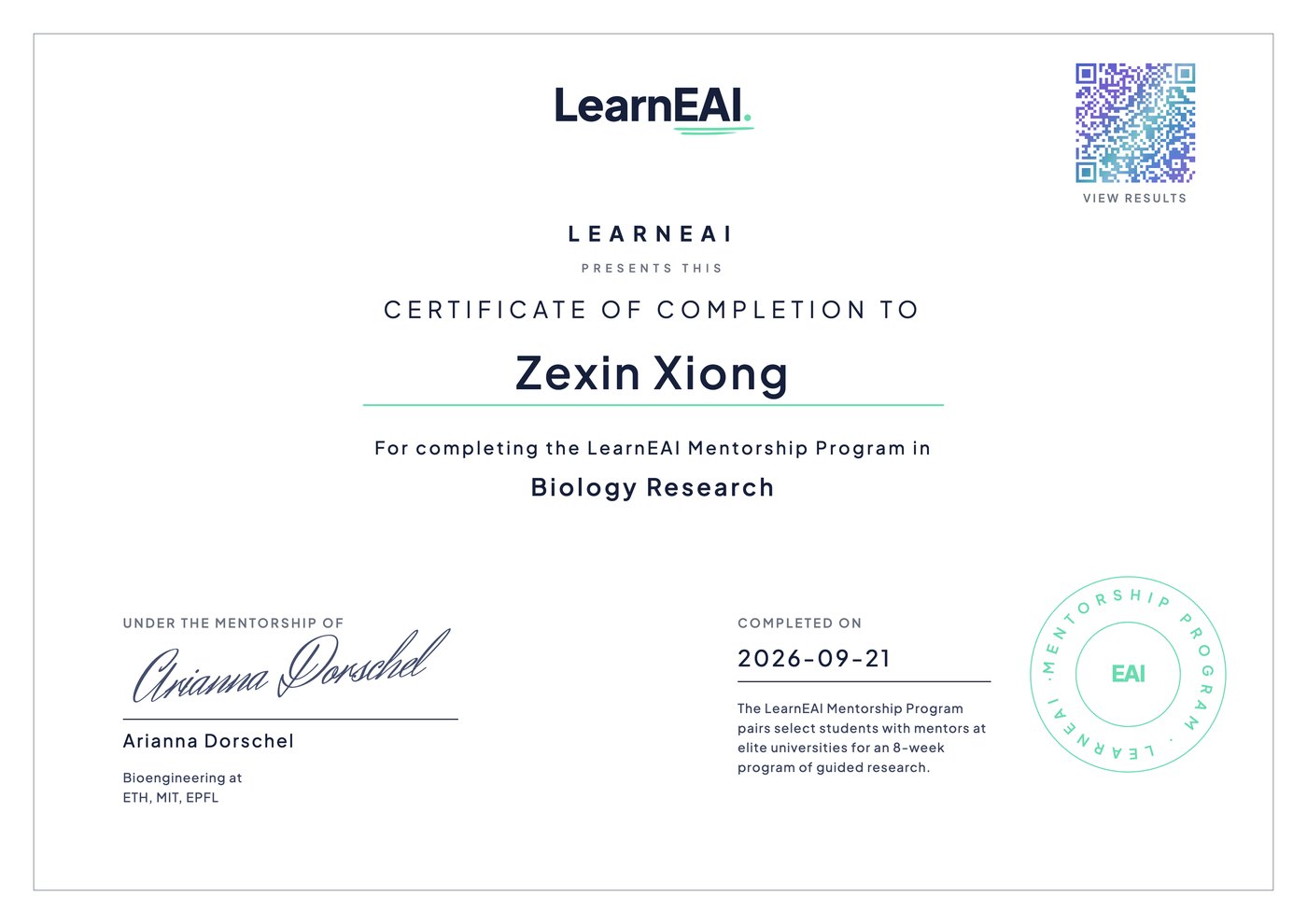 A LearnEAI certificate of completion with the student’s name, mentor signature, completion date and a QR code to their results