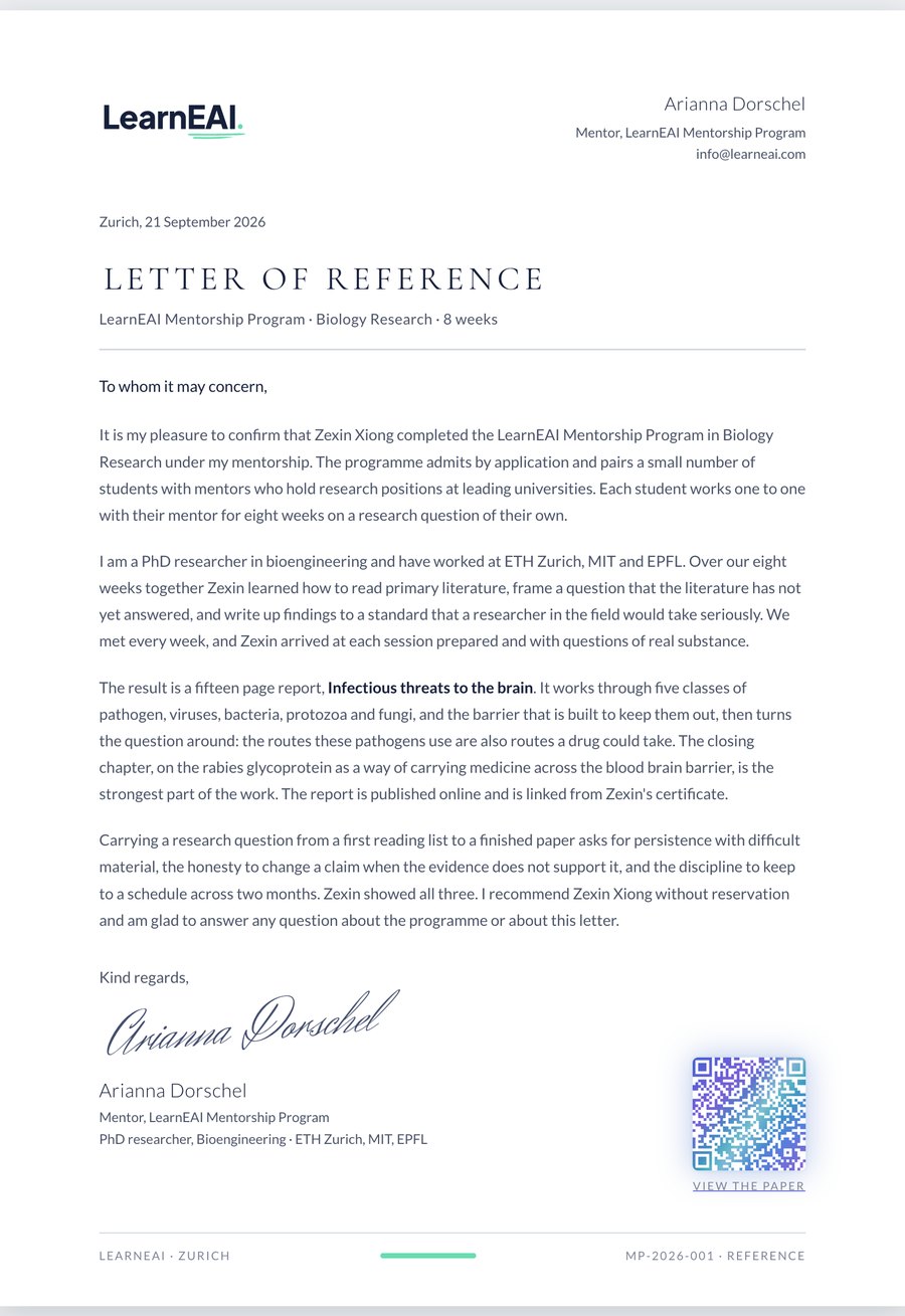 A letter of reference from the mentor