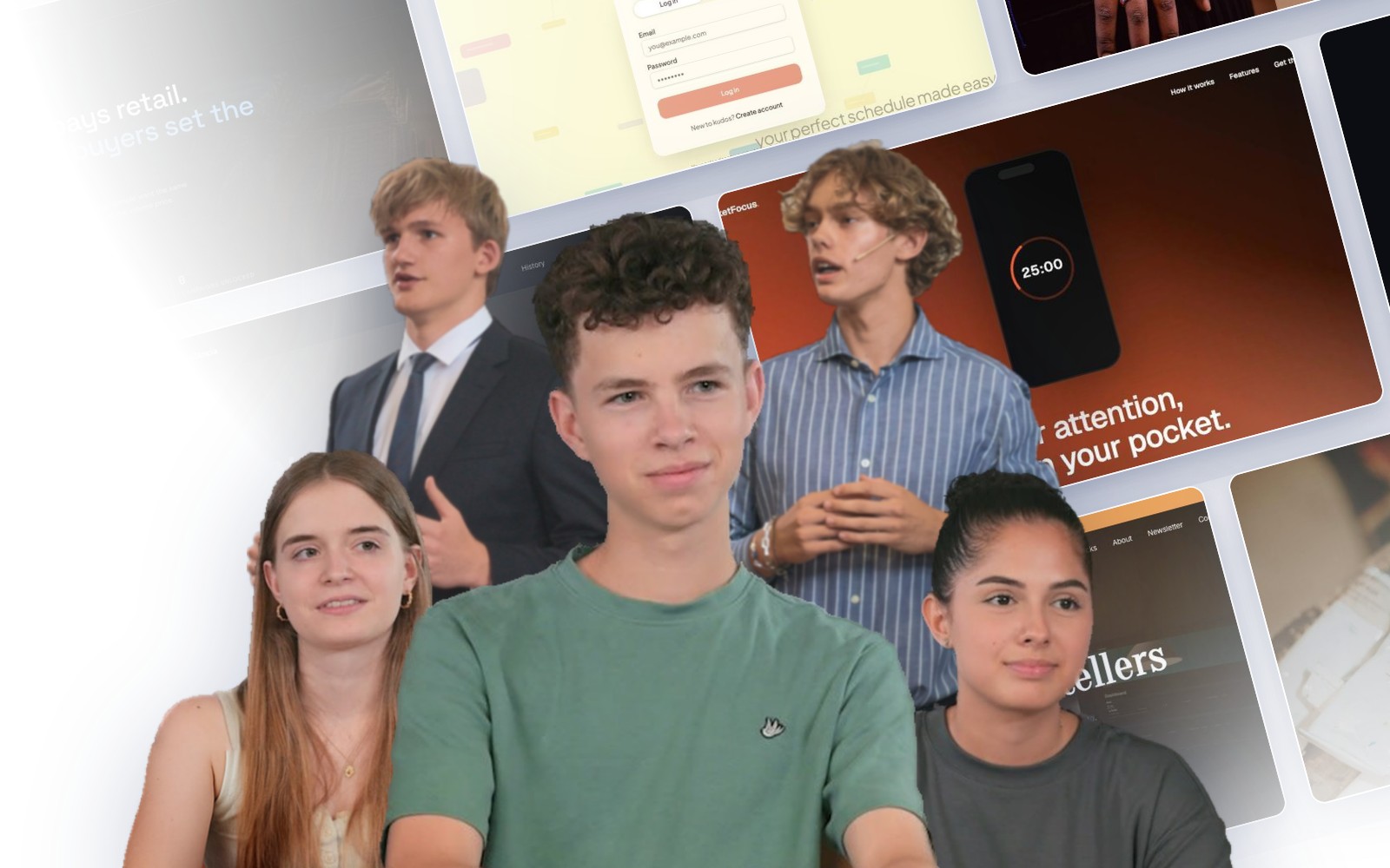Five students in front of the websites built on LearnEAI