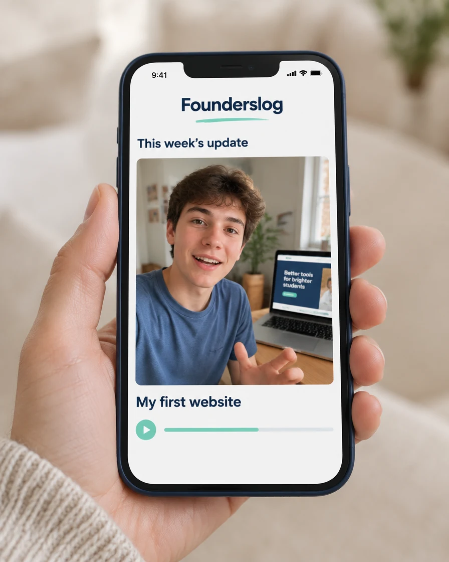 Illustration of a parent holding a phone and watching their child's video update in Founderslog
