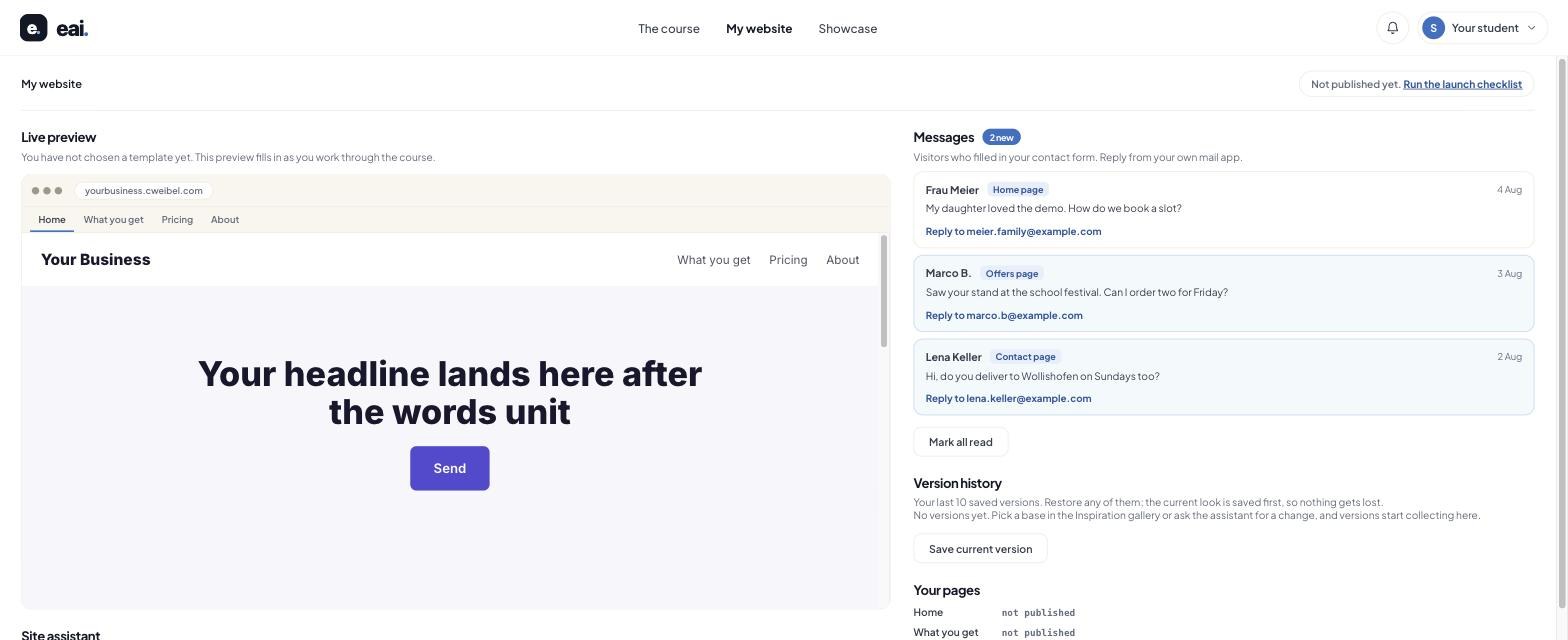 The website editor inside the platform